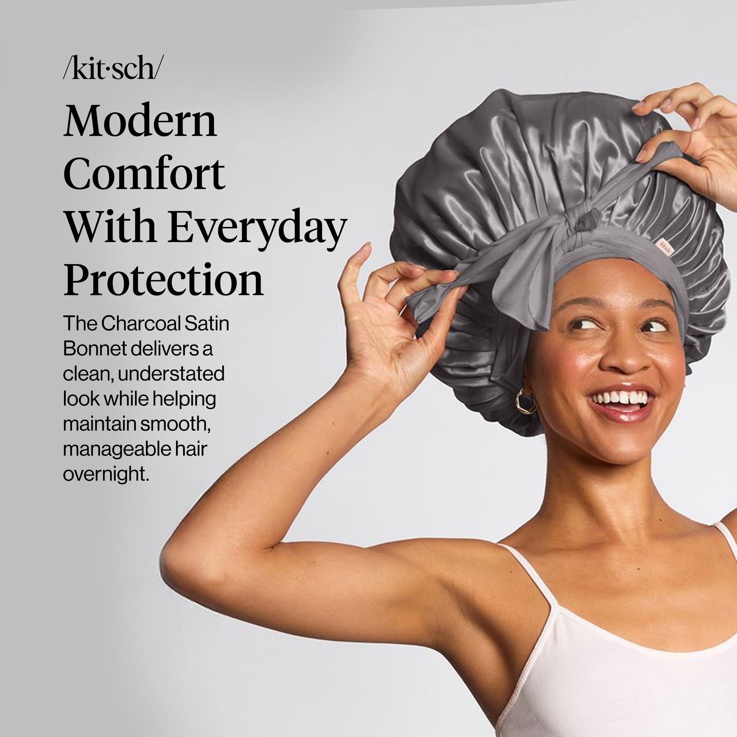 Oversized satin hair cap showing the adjustable long ties close up