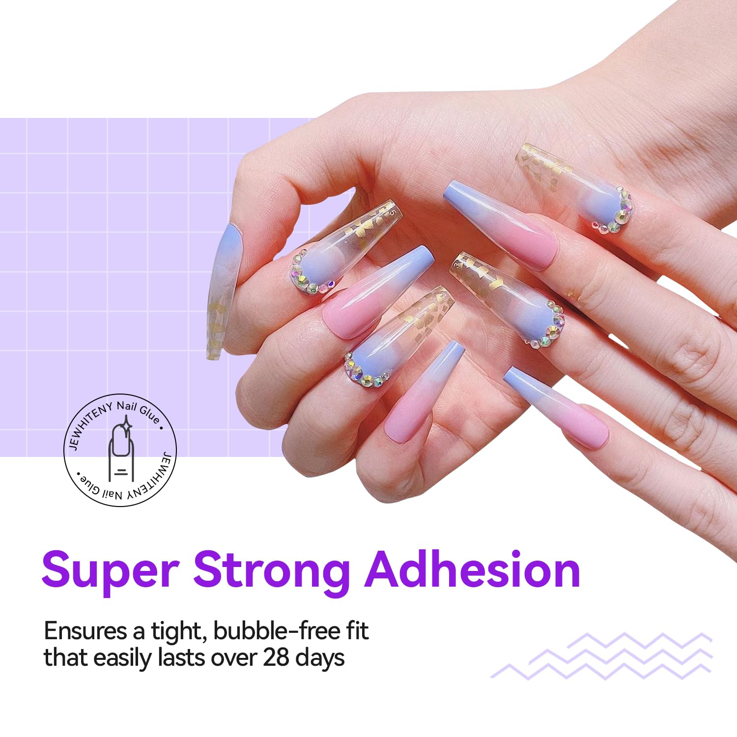 Jewhiteny gel glue applied to clear false nail tips