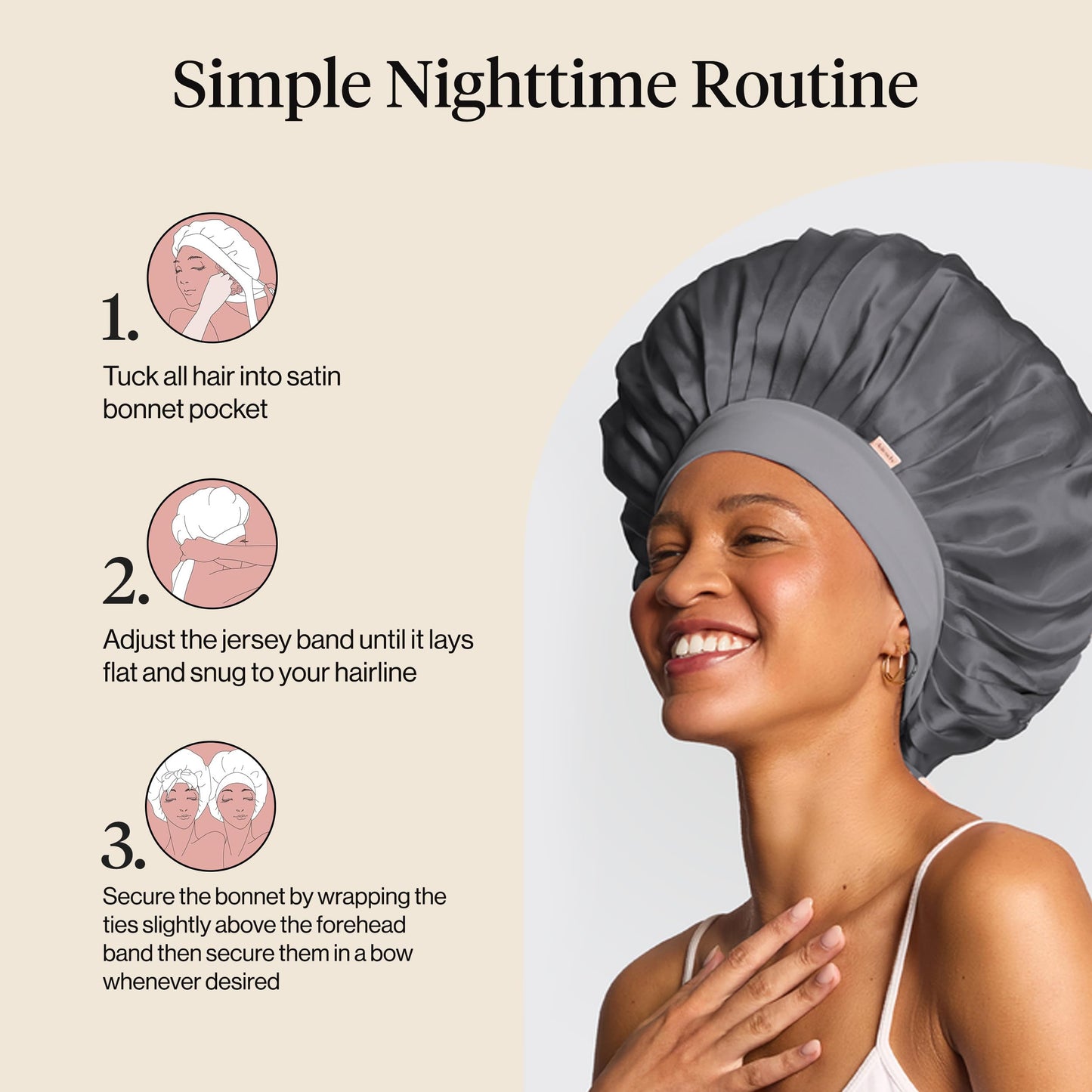 Softer than silk premium charcoal bonnet worn on long textured hair