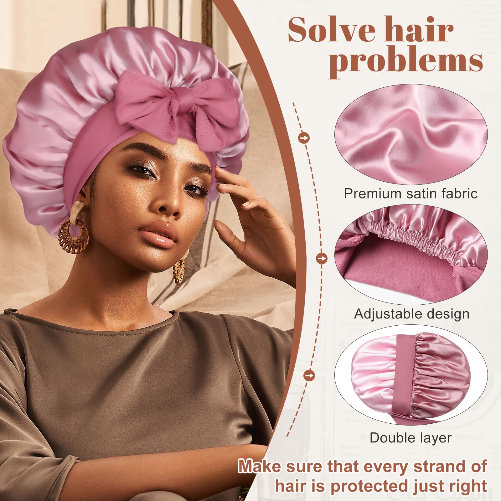 CHLINS adjustable satin bonnet demonstrating how to tie the long soft straps