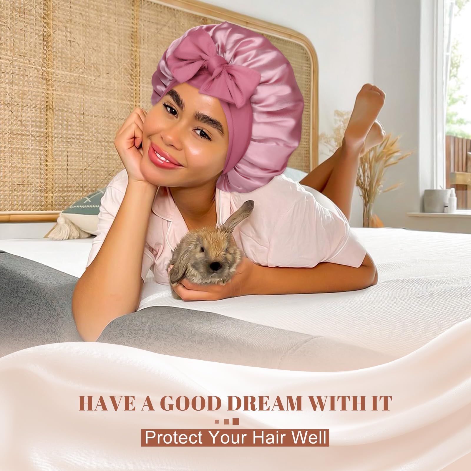 Side view of a person wearing the CHLINS curly hair bonnet for sleeping