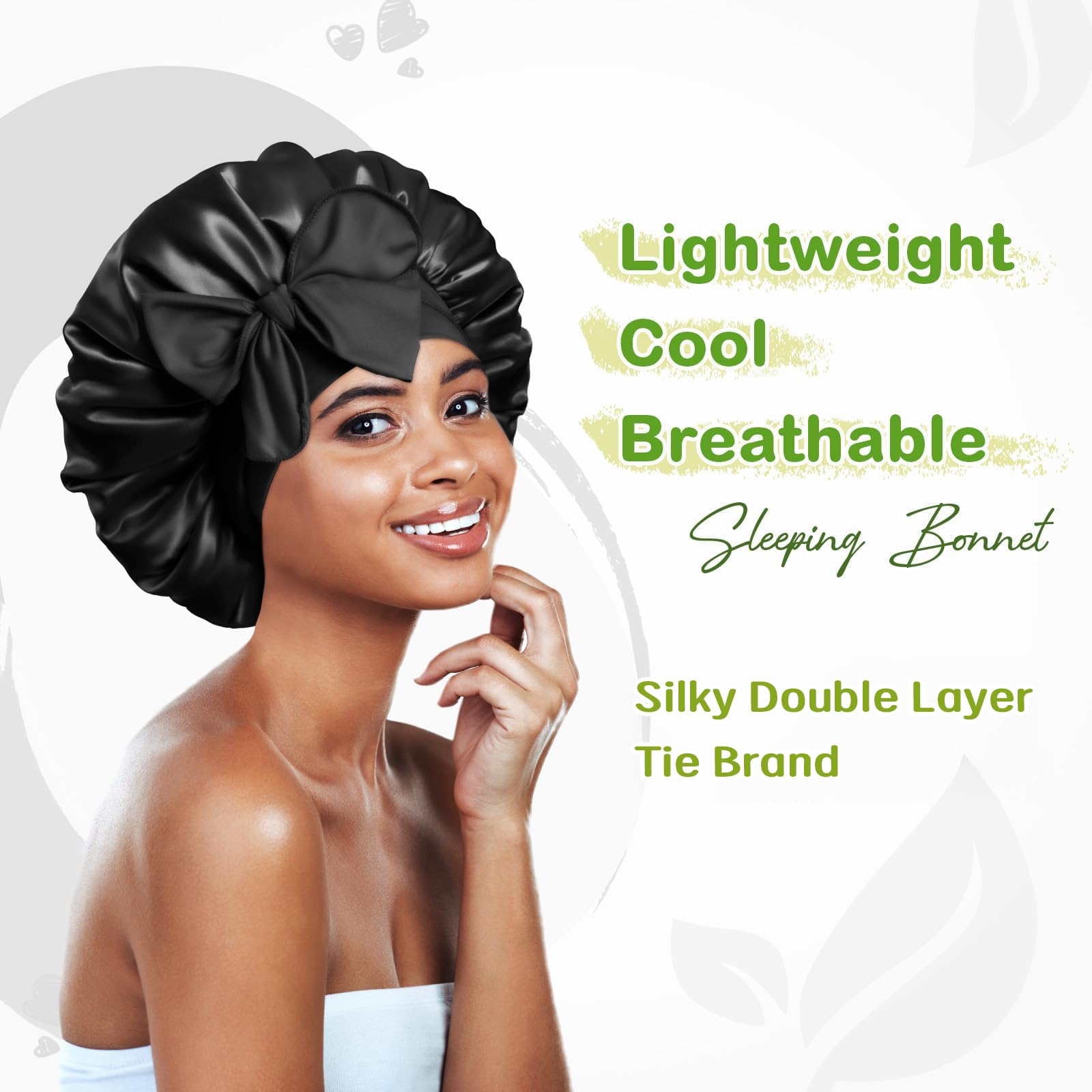 BONNET QUEEN satin sleep cap for women demonstrating how to tie the long band into a bow.