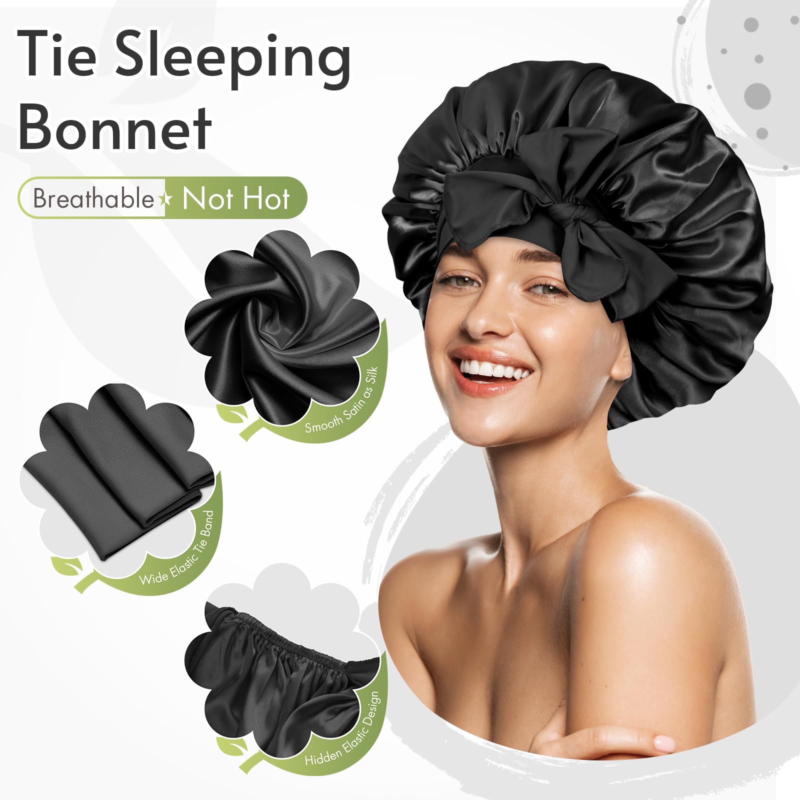BONNET QUEEN adjustable night hair wrap highlighting the double layer silk satin material close up.