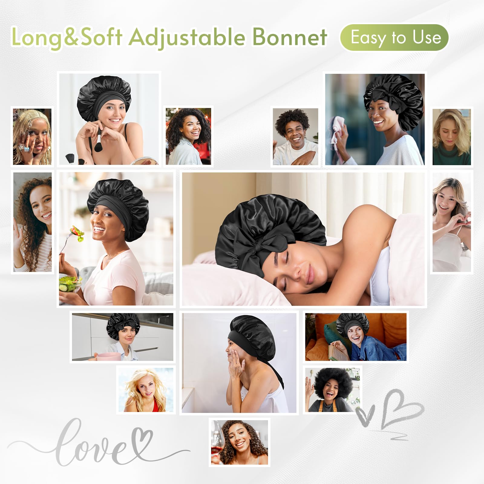 BONNET QUEEN non slip curly hair bonnet illustrating the wide protective elastic edge band.