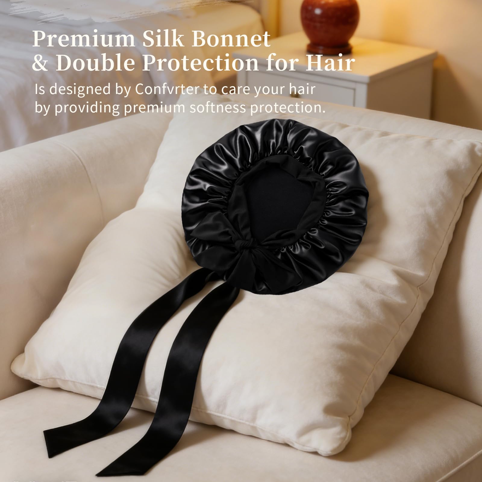 Large black satin hair cap for curly hair protection overnight