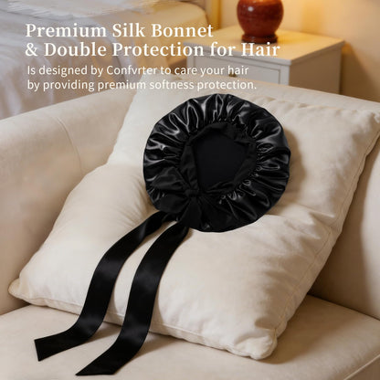 Large black satin hair cap for curly hair protection overnight