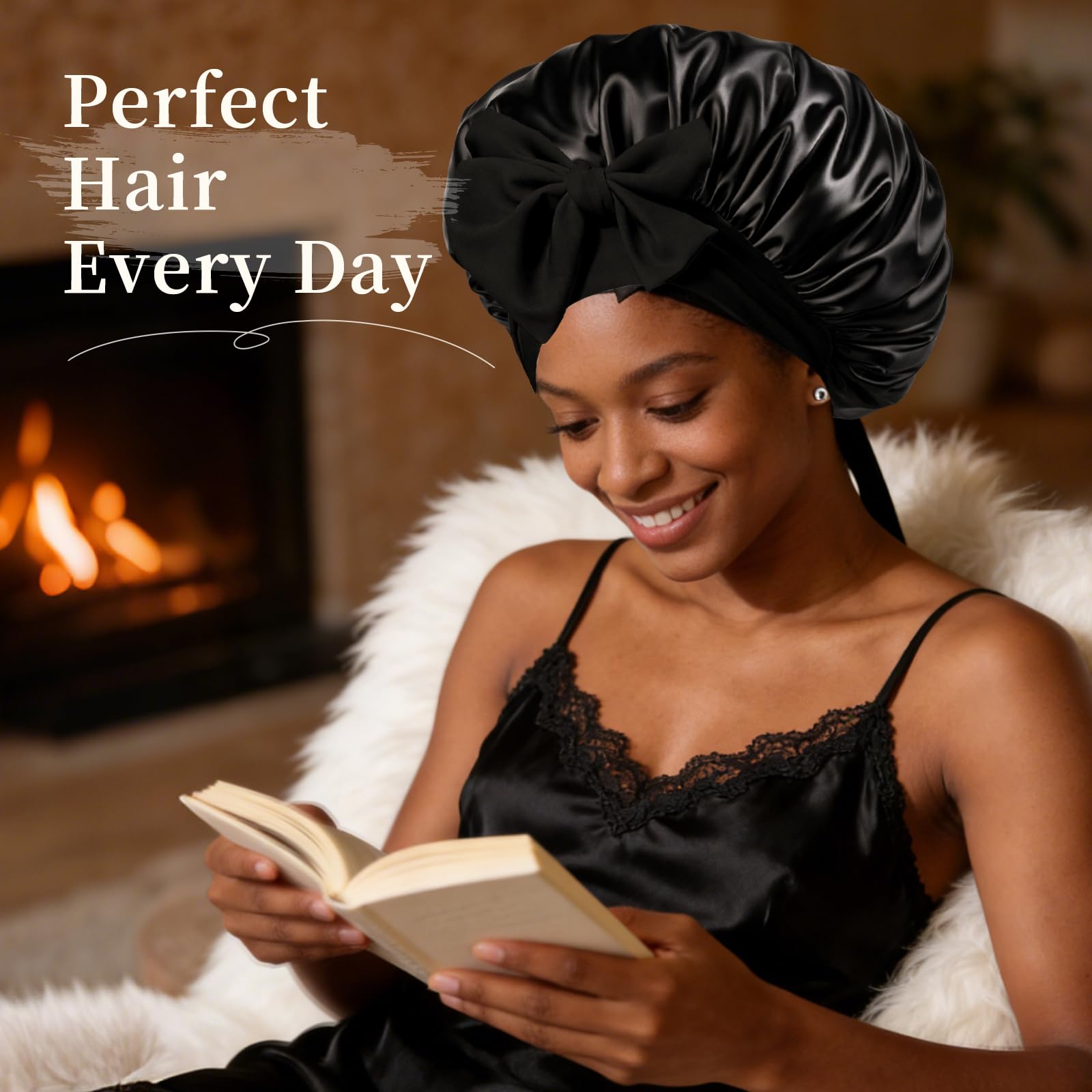 Premium double layer night sleep cap with adjustable straps closeup