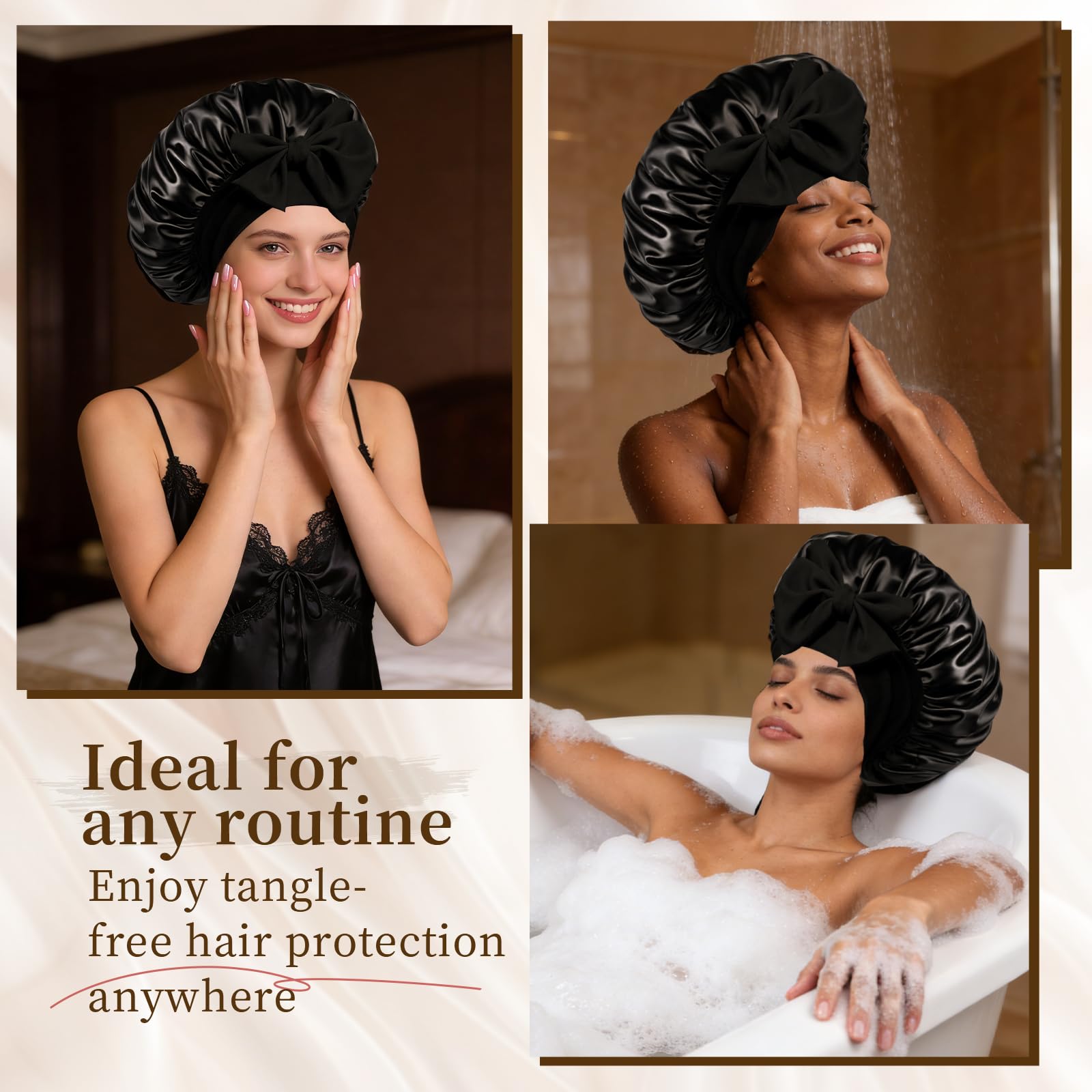Black silk bonnet showing the secure non slip wide headband design