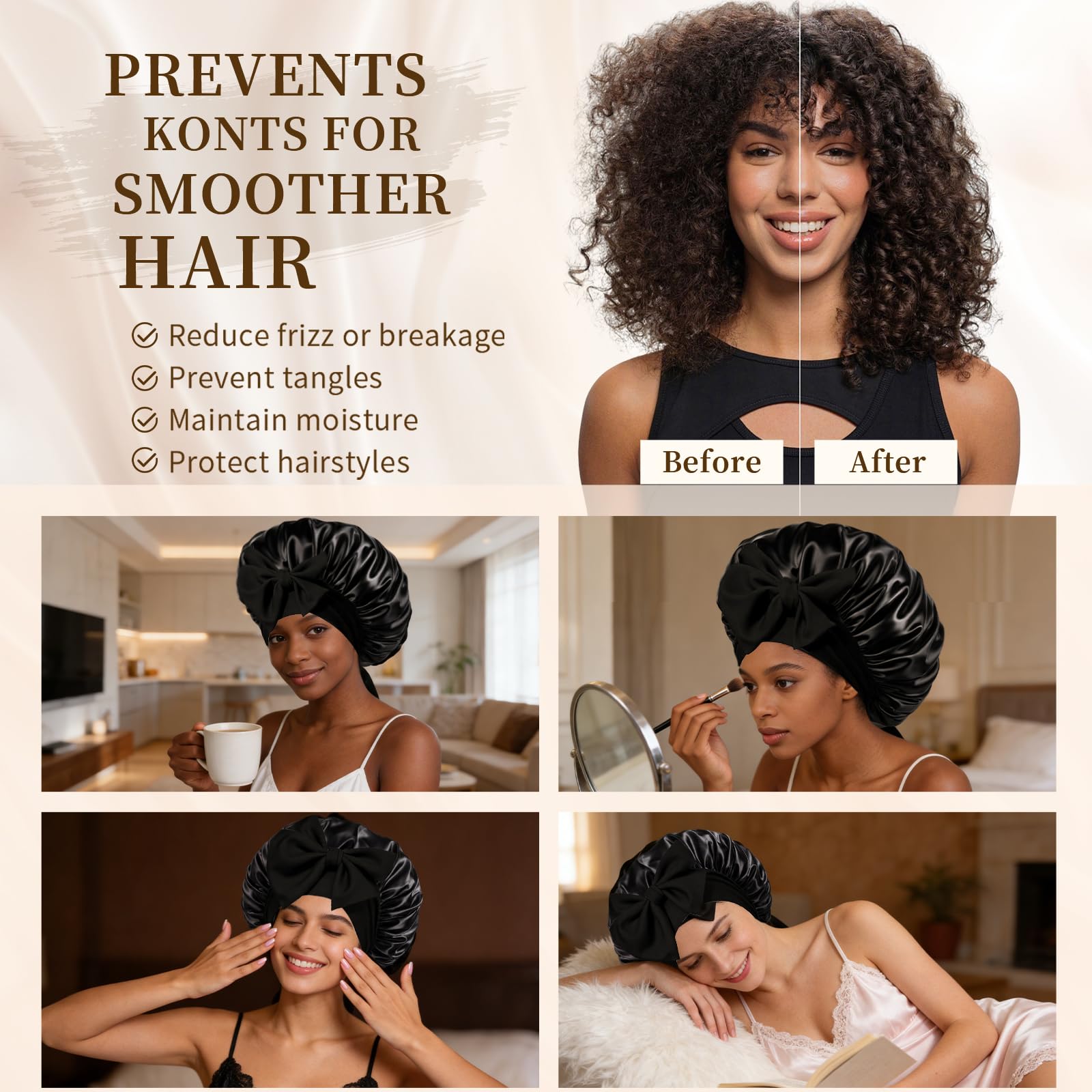 Anti frizz satin night cap side view on a model