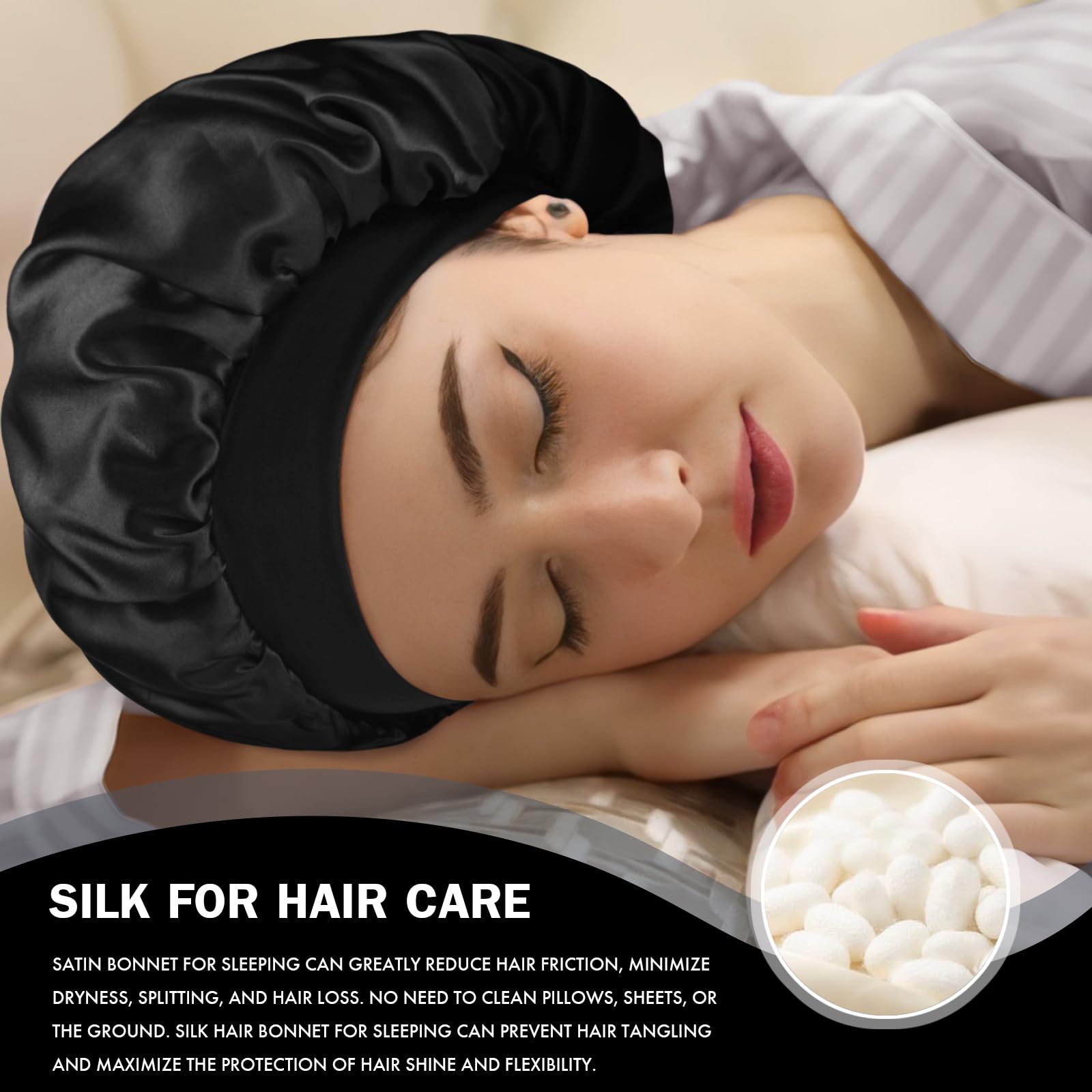 Diswa black satin sleeping cap side view for men and women hair protection