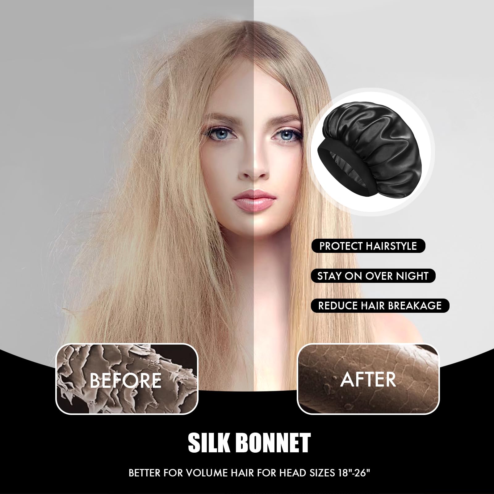 Diswa adjustable curly hair bonnet packaged view with six authentic images