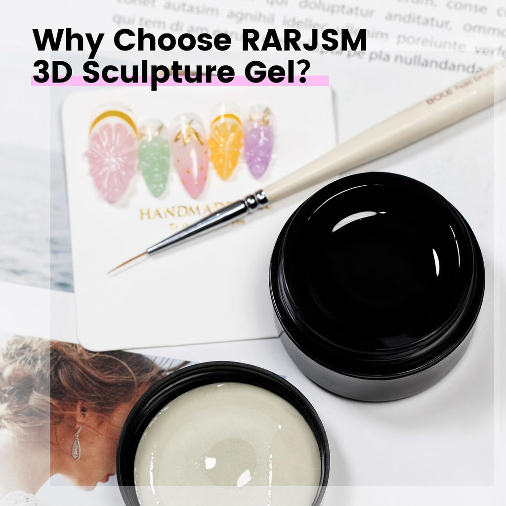 Detailed line drawing and sculpted nail art patterns using RARJSM gel