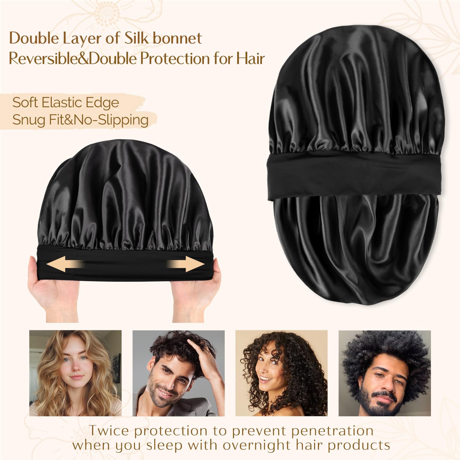 Unisex silk sleep cap with wide jersey elastic band detailing