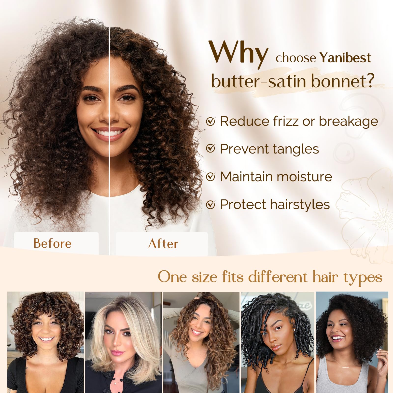 Model with natural curly hair wearing the blush pink YANIBEST satin bonnet for friction reduction