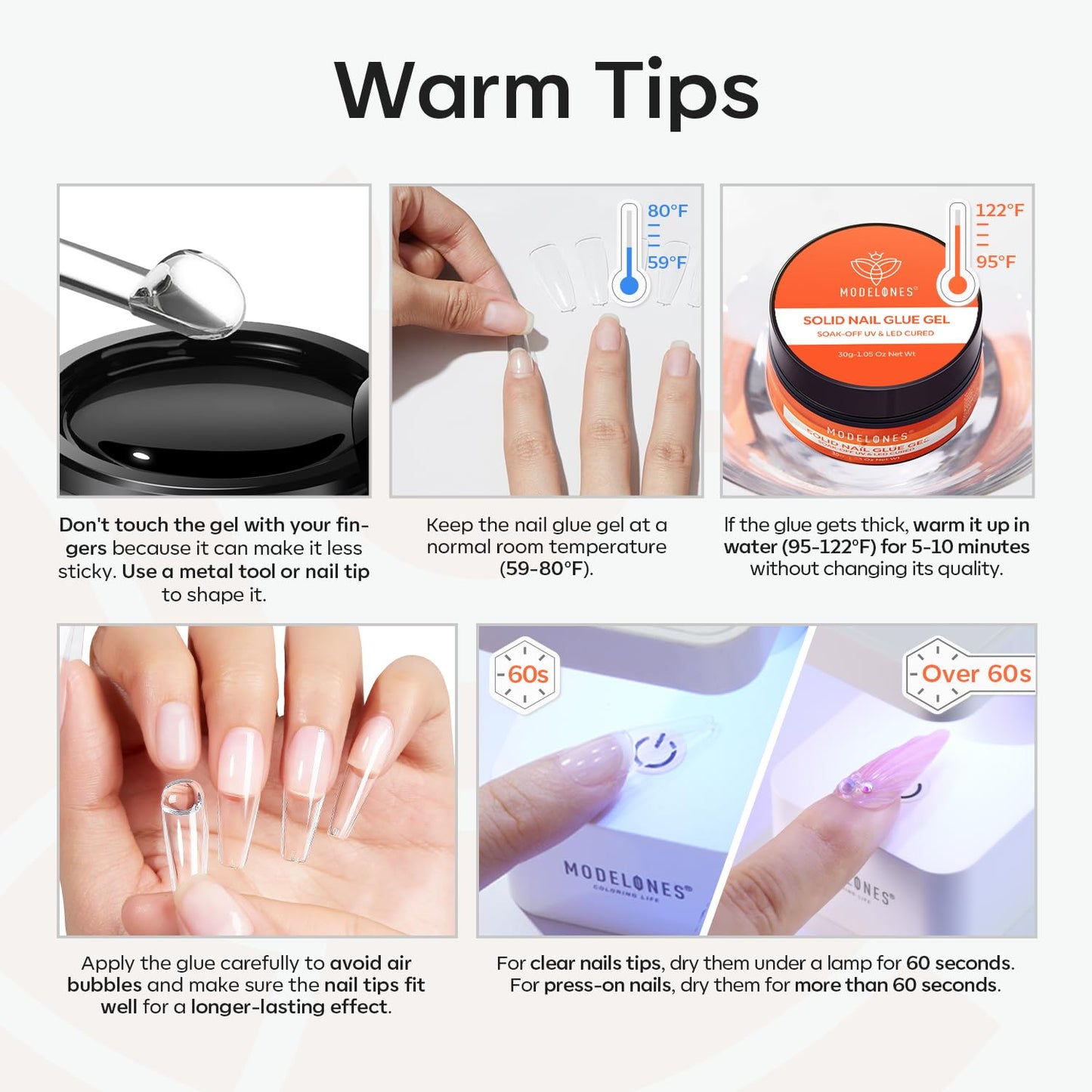 Modelones nail glue applied to artificial nail tips
