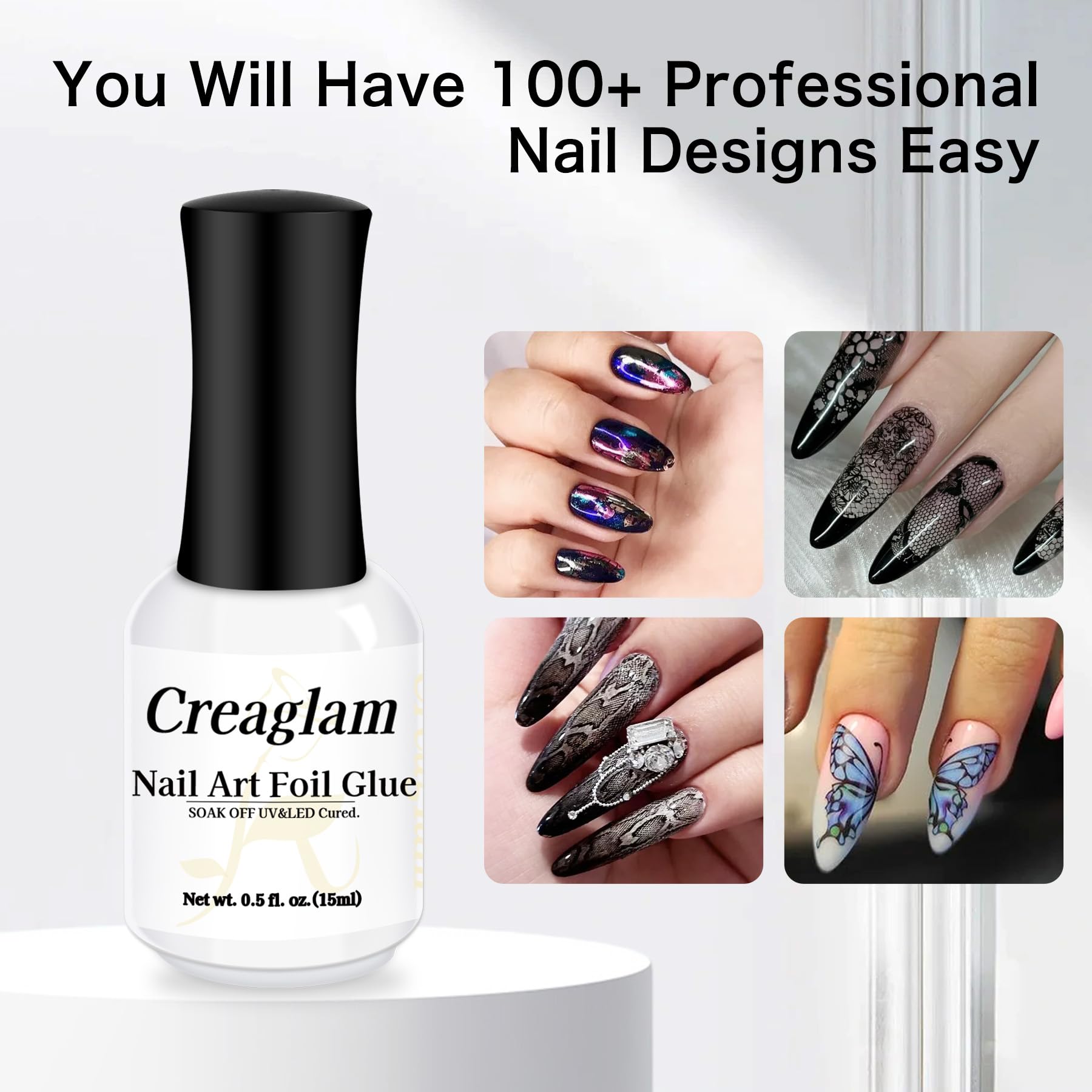 White bottle of Creaglam foil transfer gel for manicure
