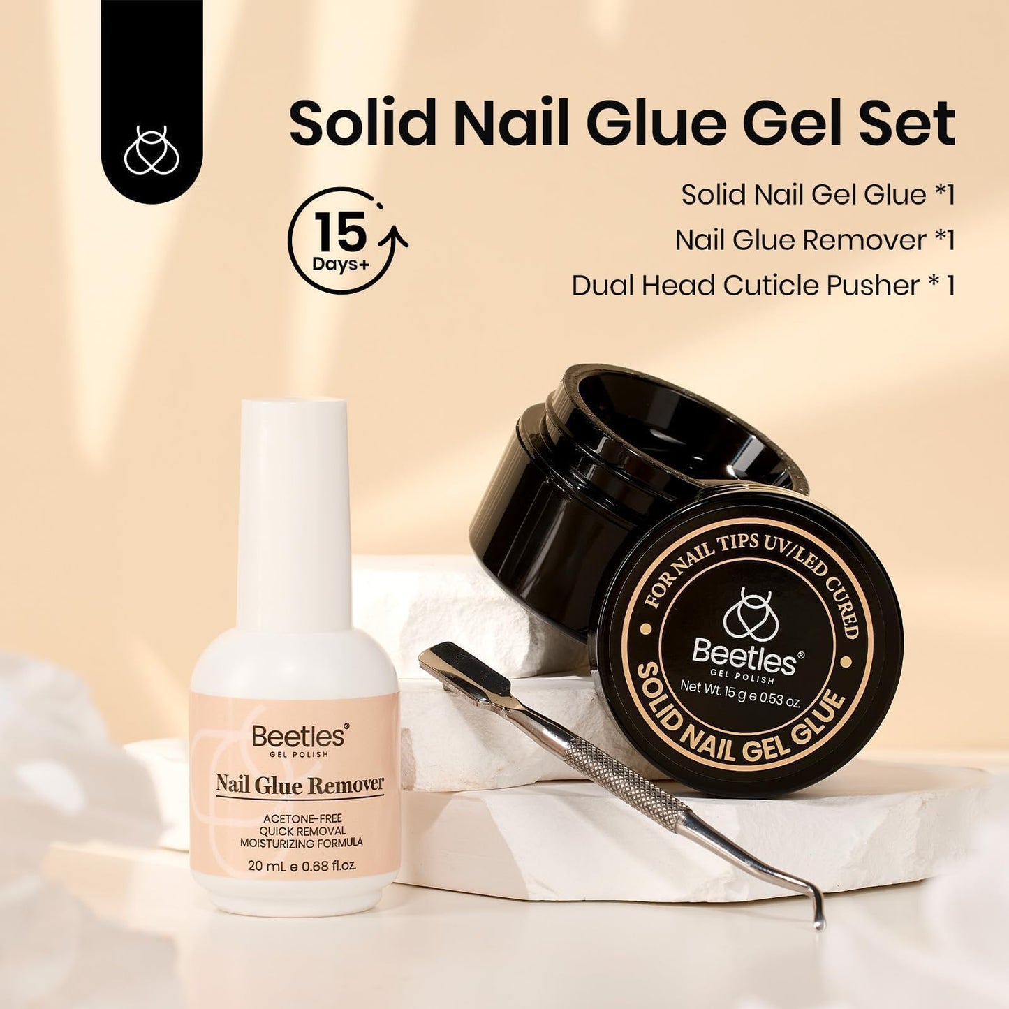 Professional manicure tools featuring Beetles glue and remover