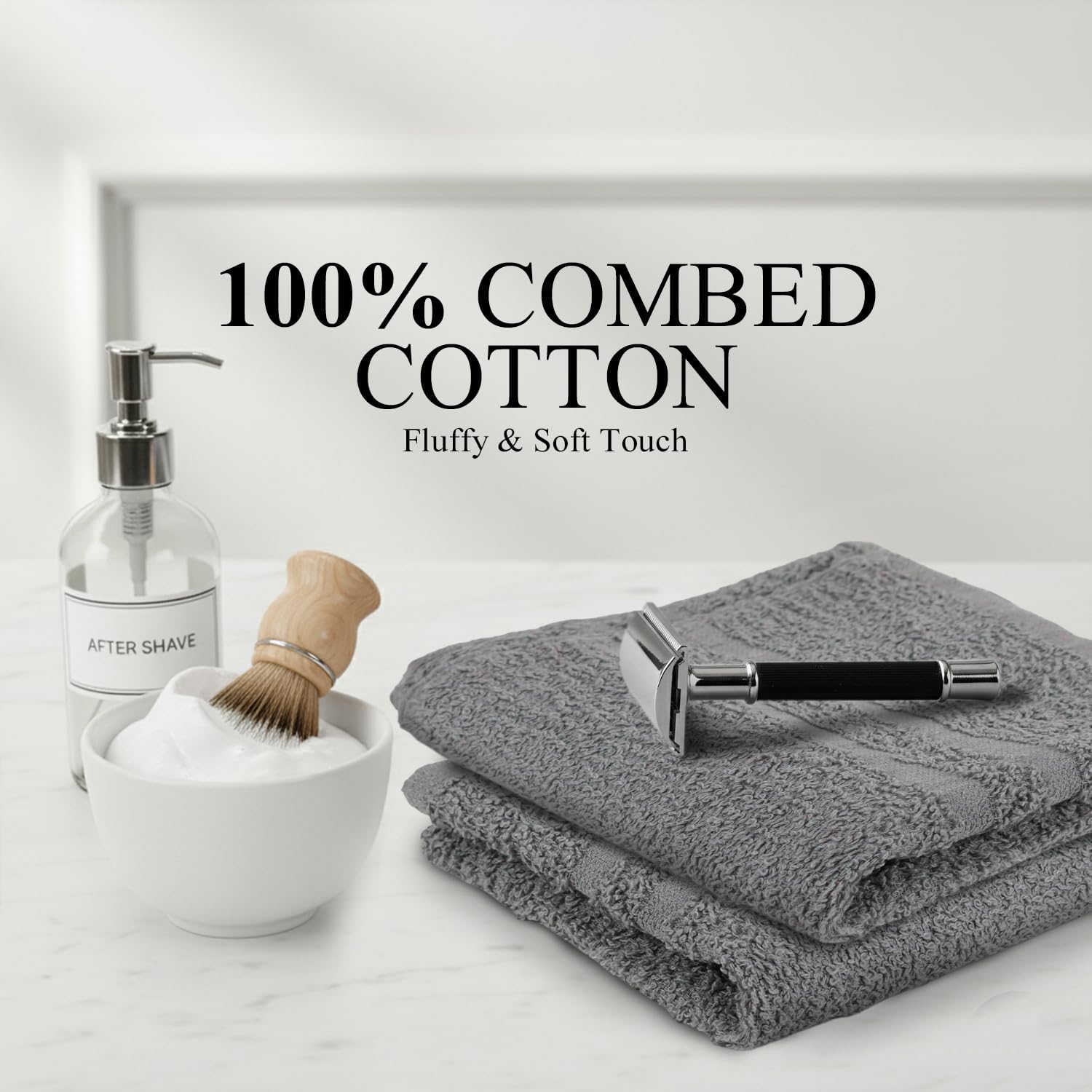 Absorbent grey gym and salon towels arranged neatly in a bathroom setting