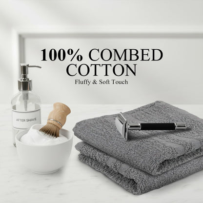 Absorbent grey gym and salon towels arranged neatly in a bathroom setting