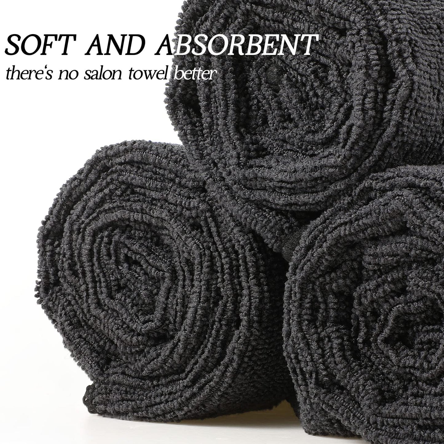 Shimeyao black microfiber salon towels stacked neatly highlighting bulk packaging quantity.