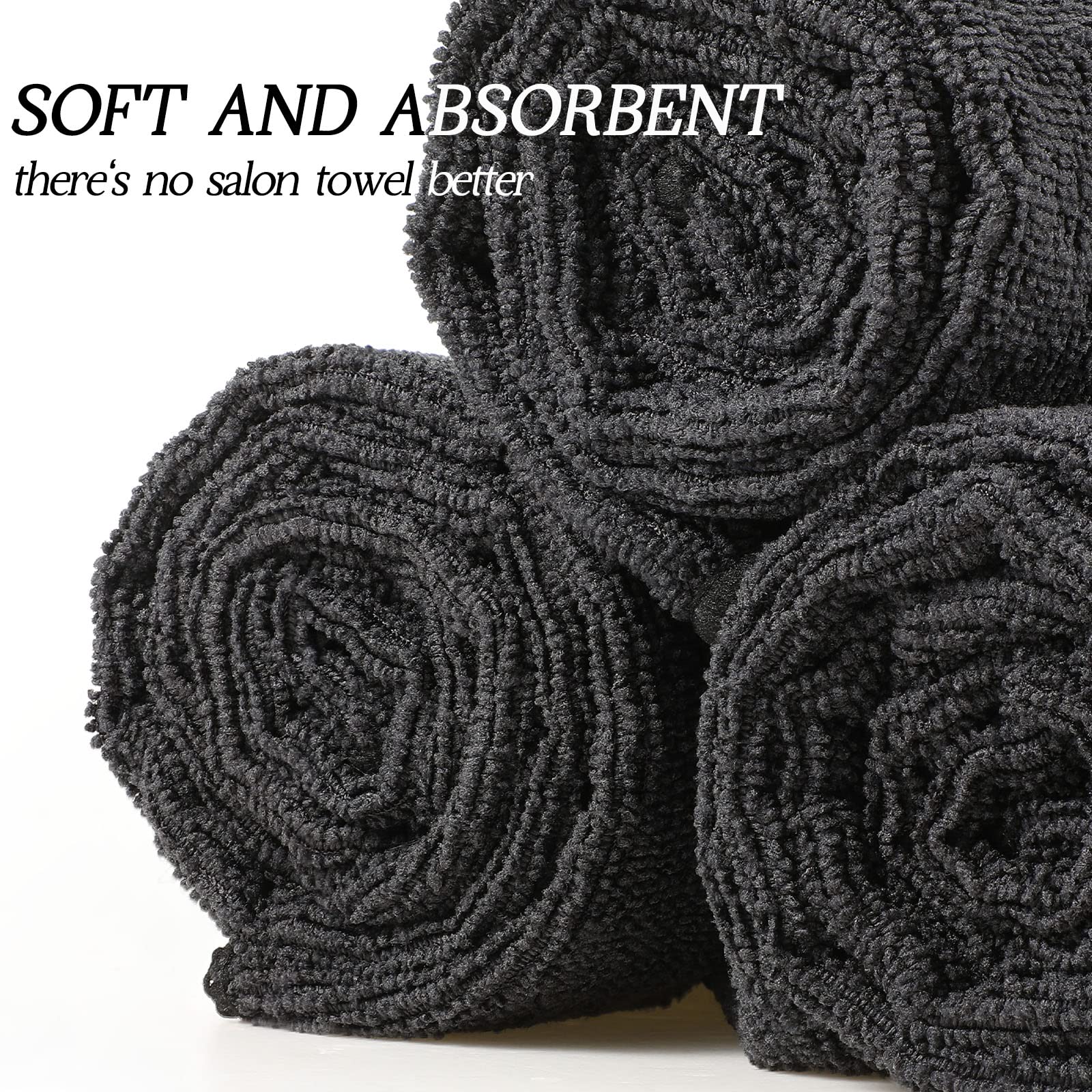 Shimeyao black microfiber salon towels stacked neatly highlighting bulk packaging quantity.
