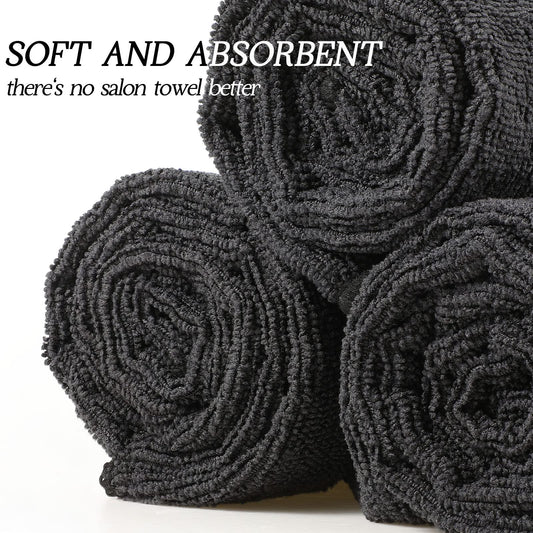 Shimeyao black microfiber salon towels stacked neatly highlighting bulk packaging quantity.