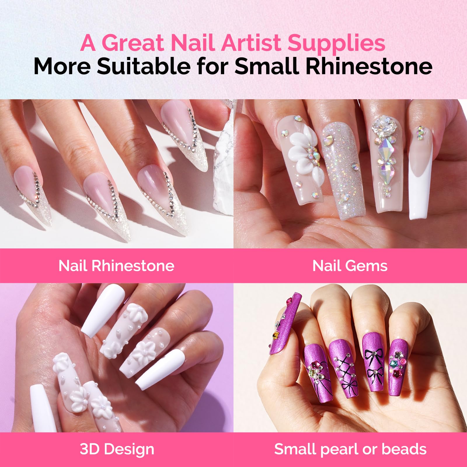 Nail art design examples using MelodySusie rhinestone glue