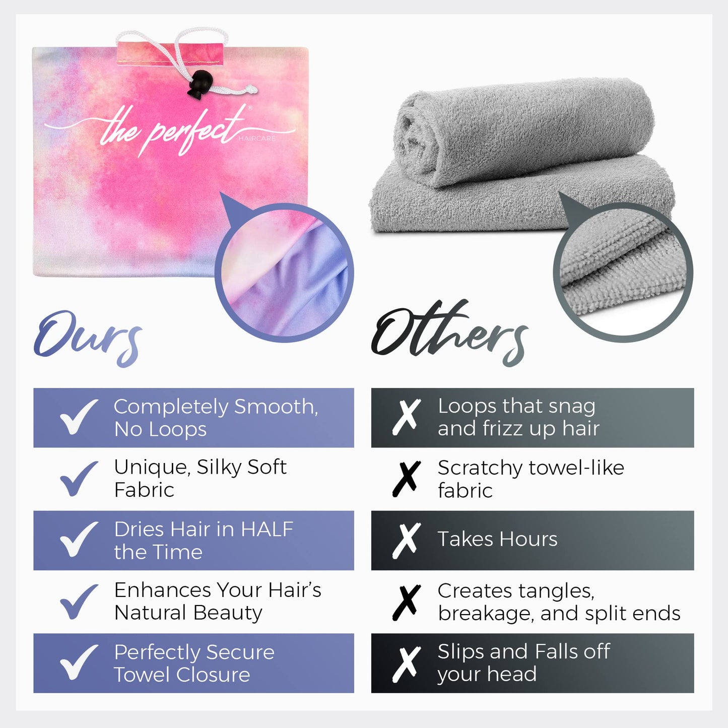 Large multicolor watercolor microfiber hair towel wrap unrolled showing the patented secure closure system and seamless edges.