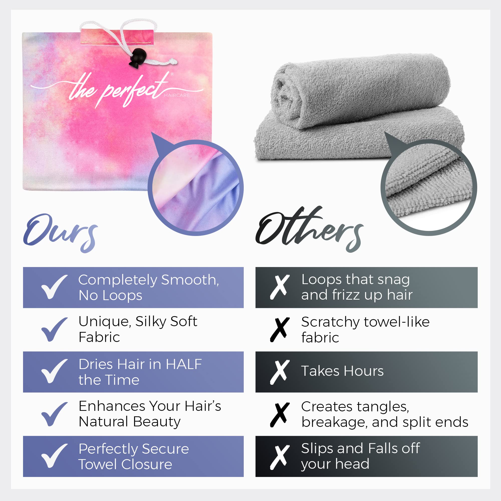 Large multicolor watercolor microfiber hair towel wrap unrolled showing the patented secure closure system and seamless edges.