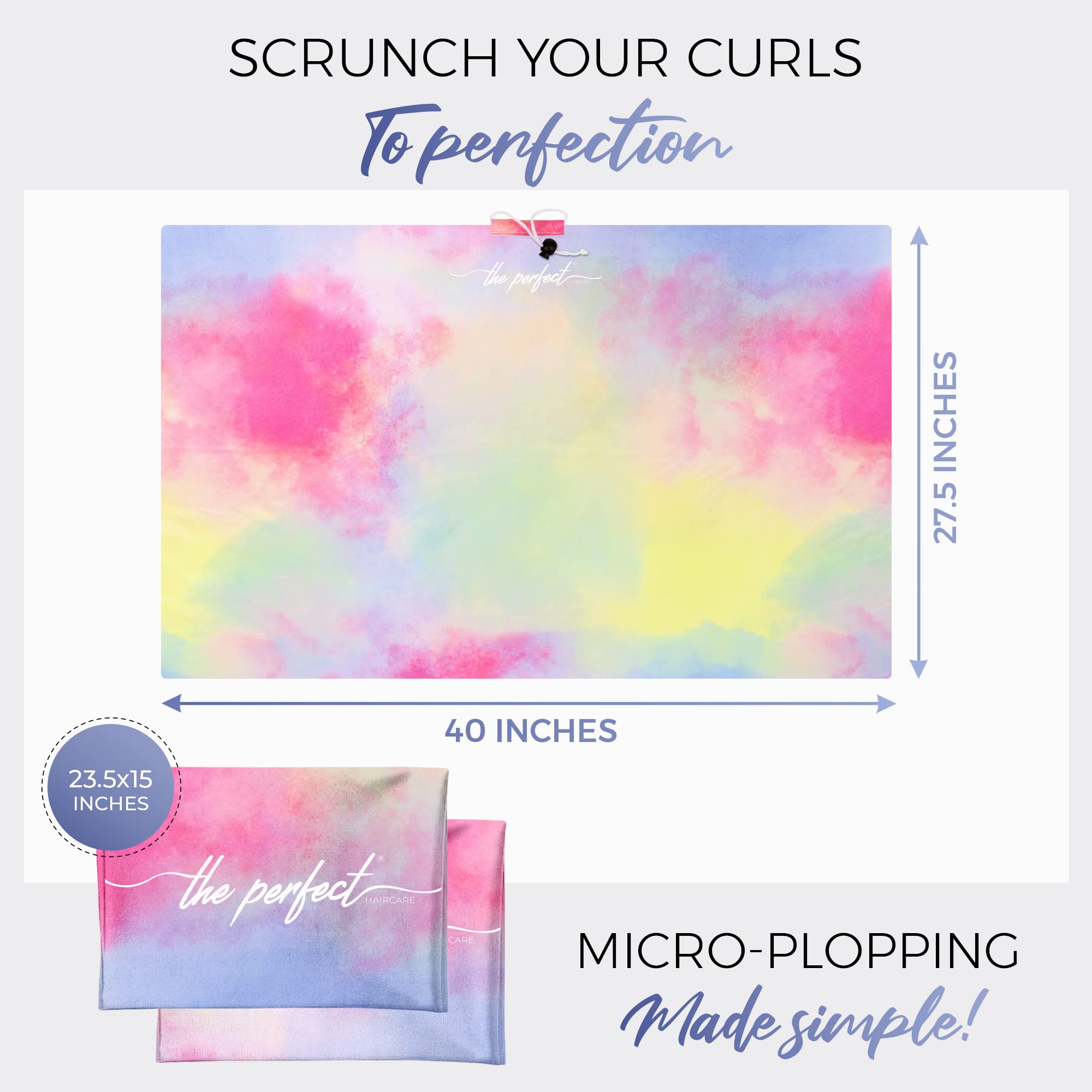 Two smaller microfiber curl scrunching towels laid flat demonstrating the smooth silk like untextured fabric texture.