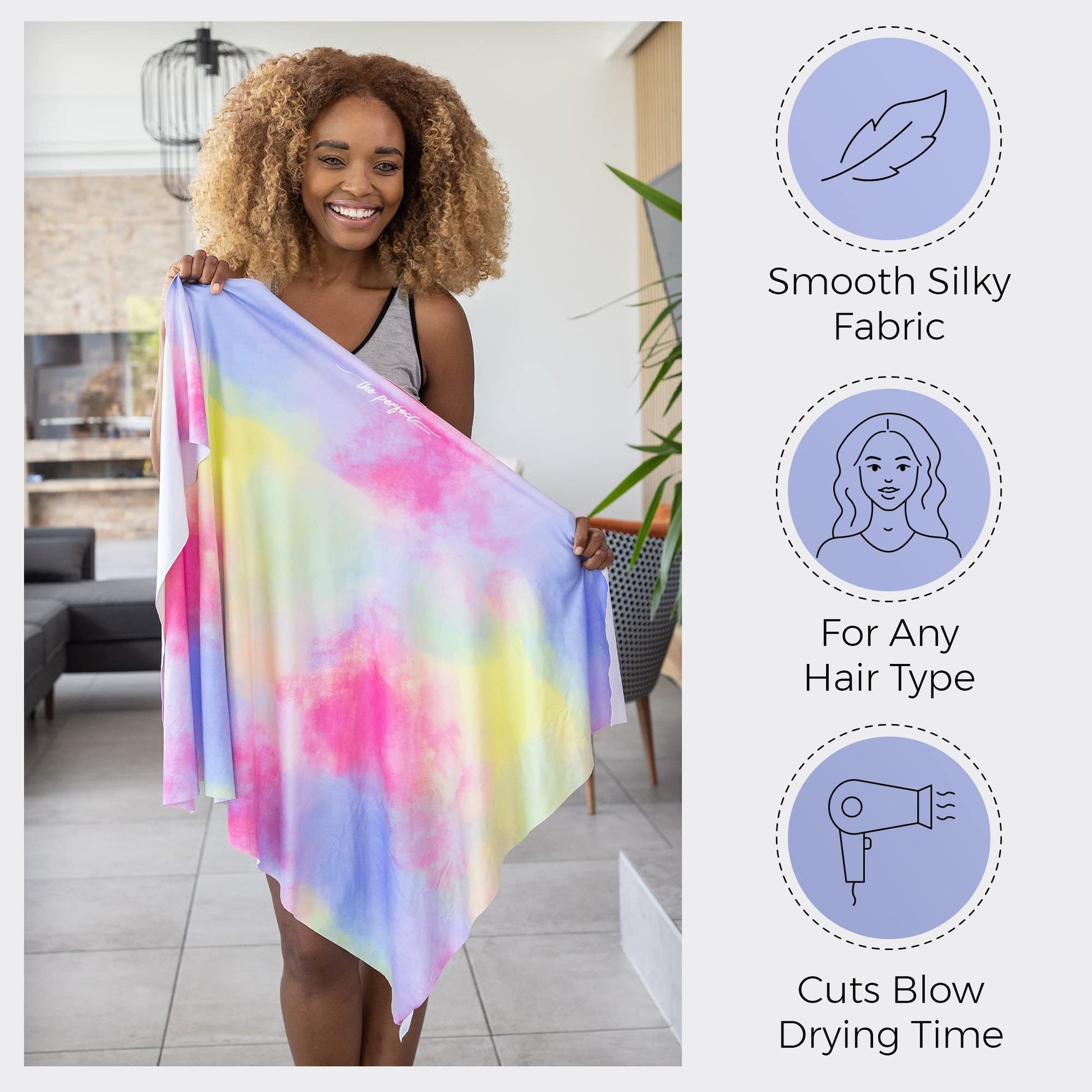 Close up view of the stitch free border design on the premium absorbent microfiber hair wrap.