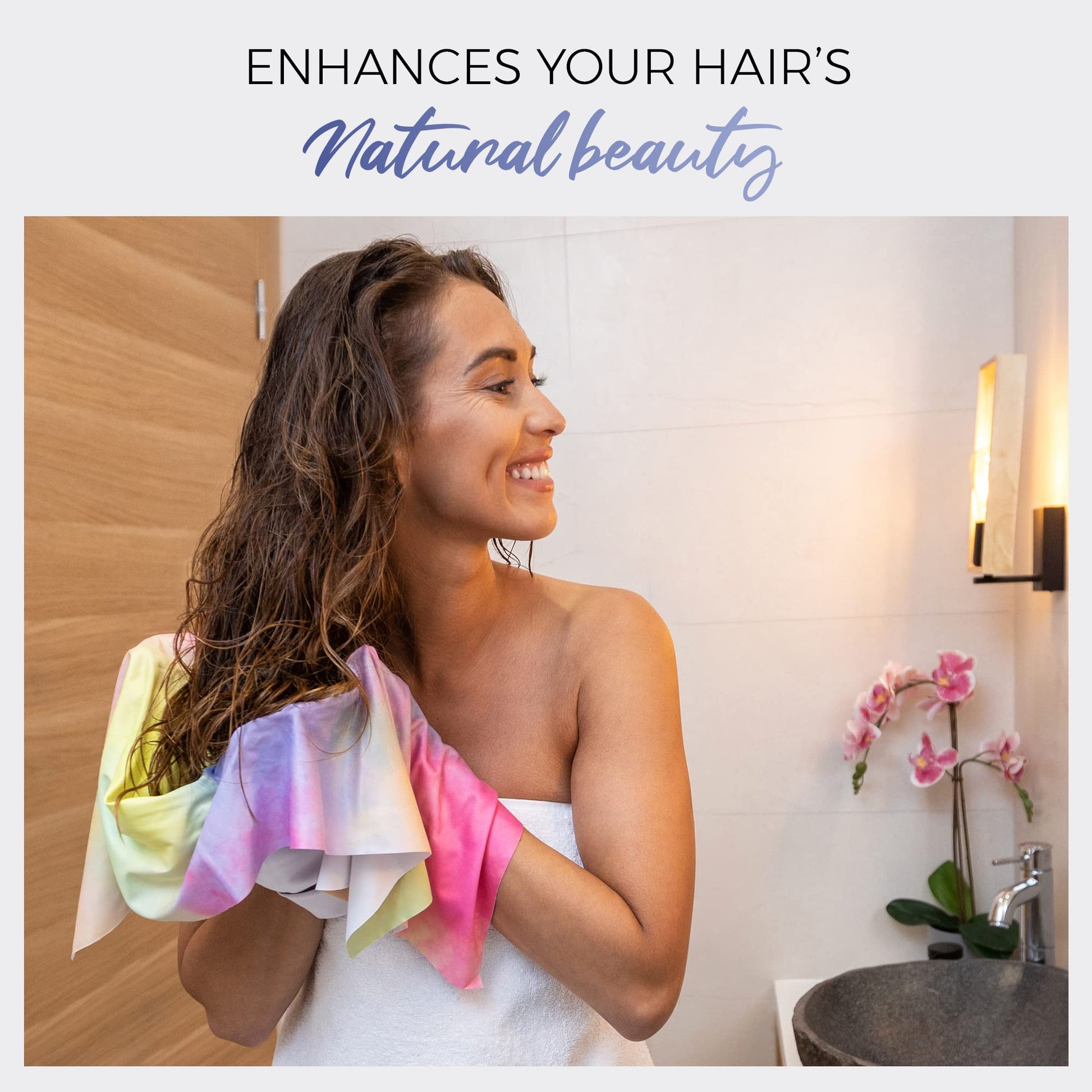 A model demonstrating how to use the large microfiber towel wrap for hair plopping to reduce frizz.