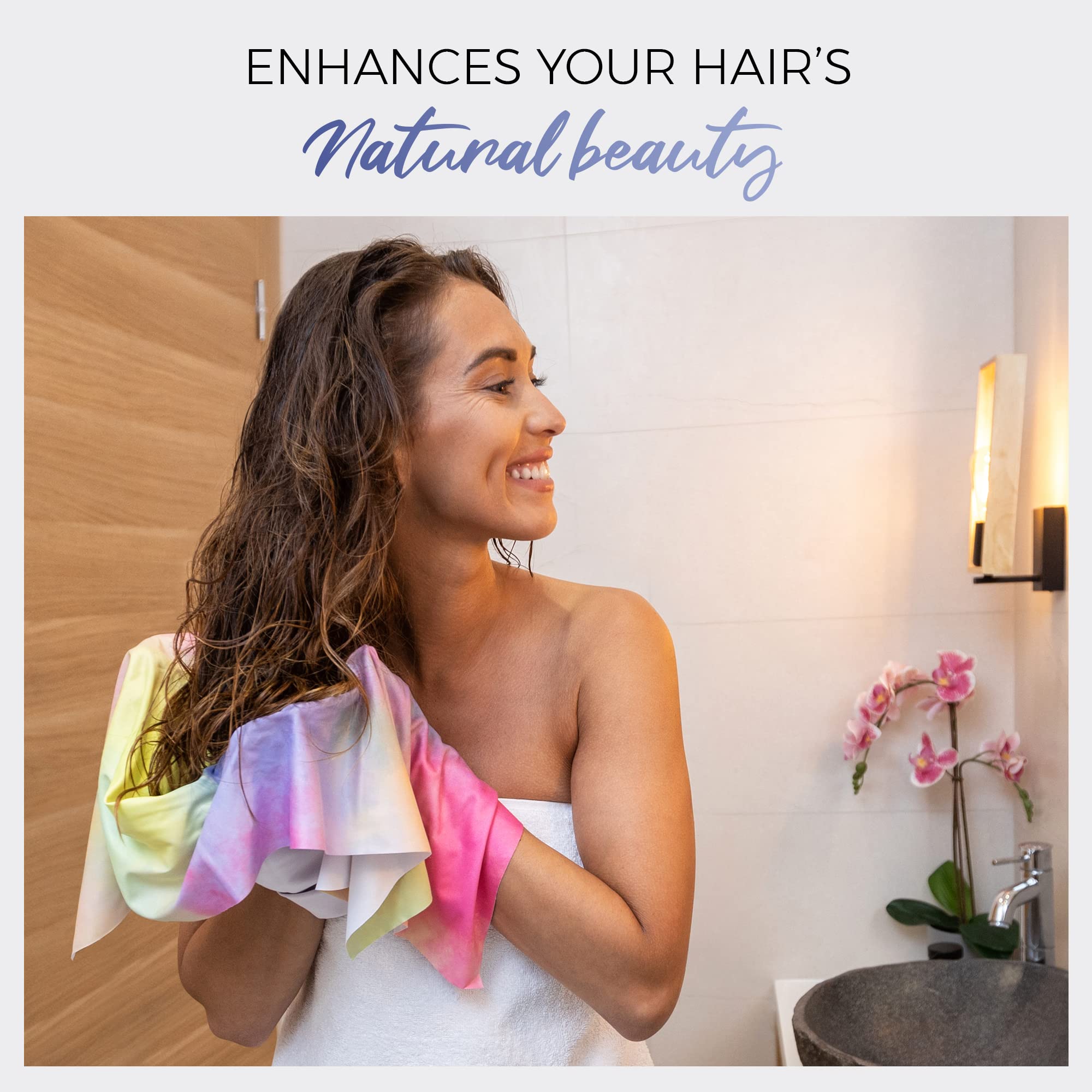 A model demonstrating how to use the large microfiber towel wrap for hair plopping to reduce frizz.