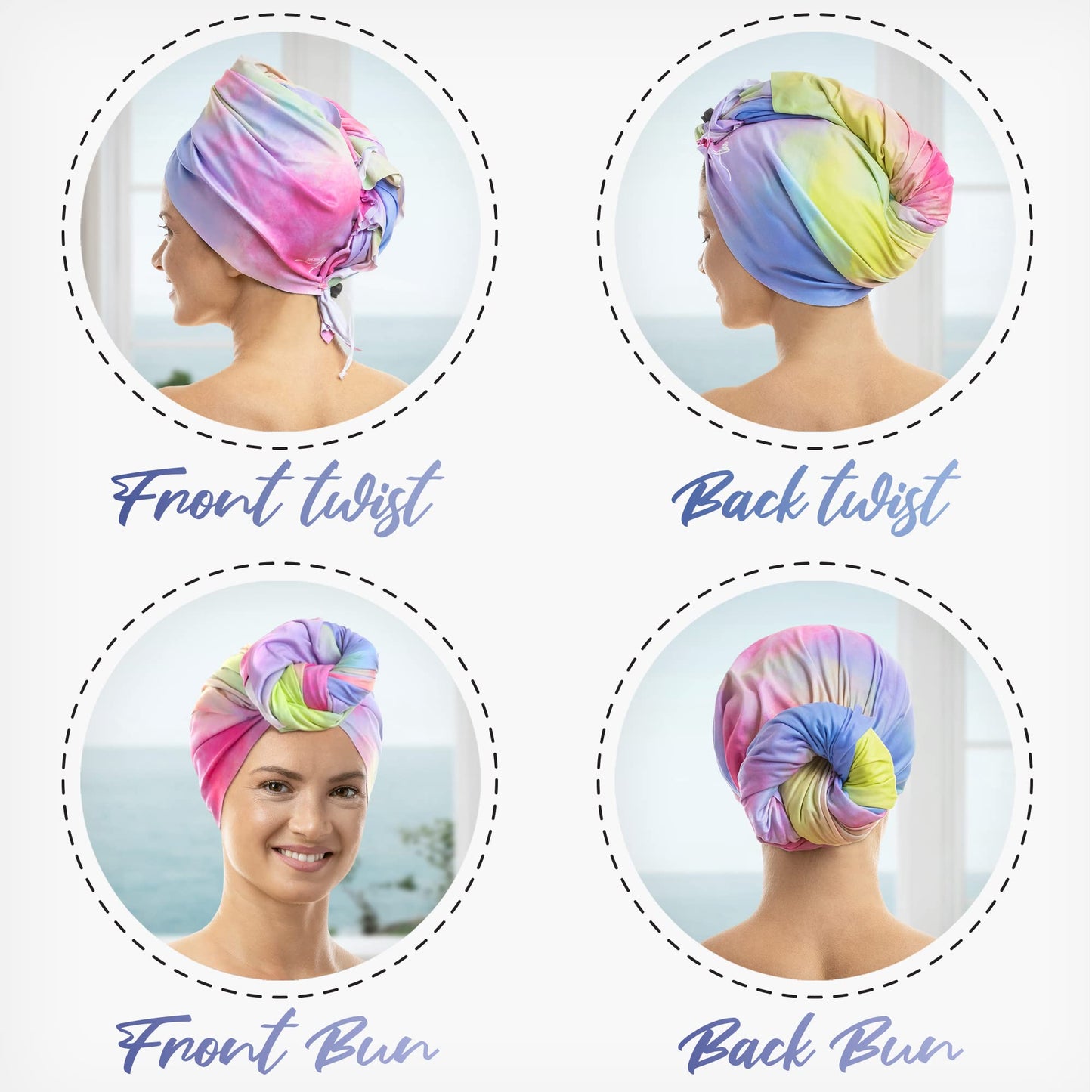 Side view of the microfiber towel packaging highlighting the anti frizz benefits and hair drying instructions.