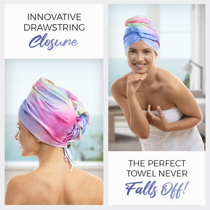 The entire three piece curly hair microfiber set displayed together showcasing the vibrant multicolor design.