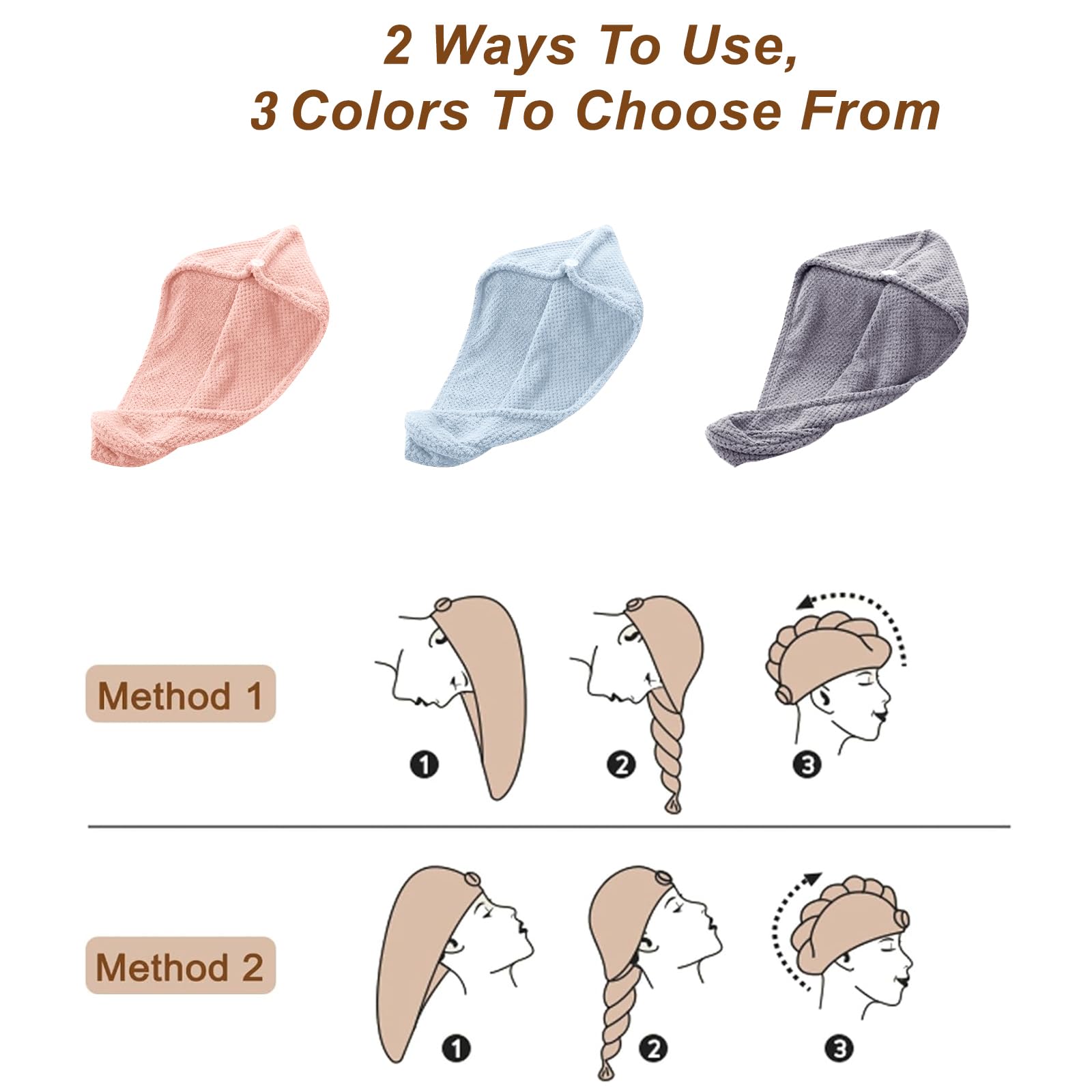 Kldnkig microfiber hair towel turban packaging showing a pack of three wraps