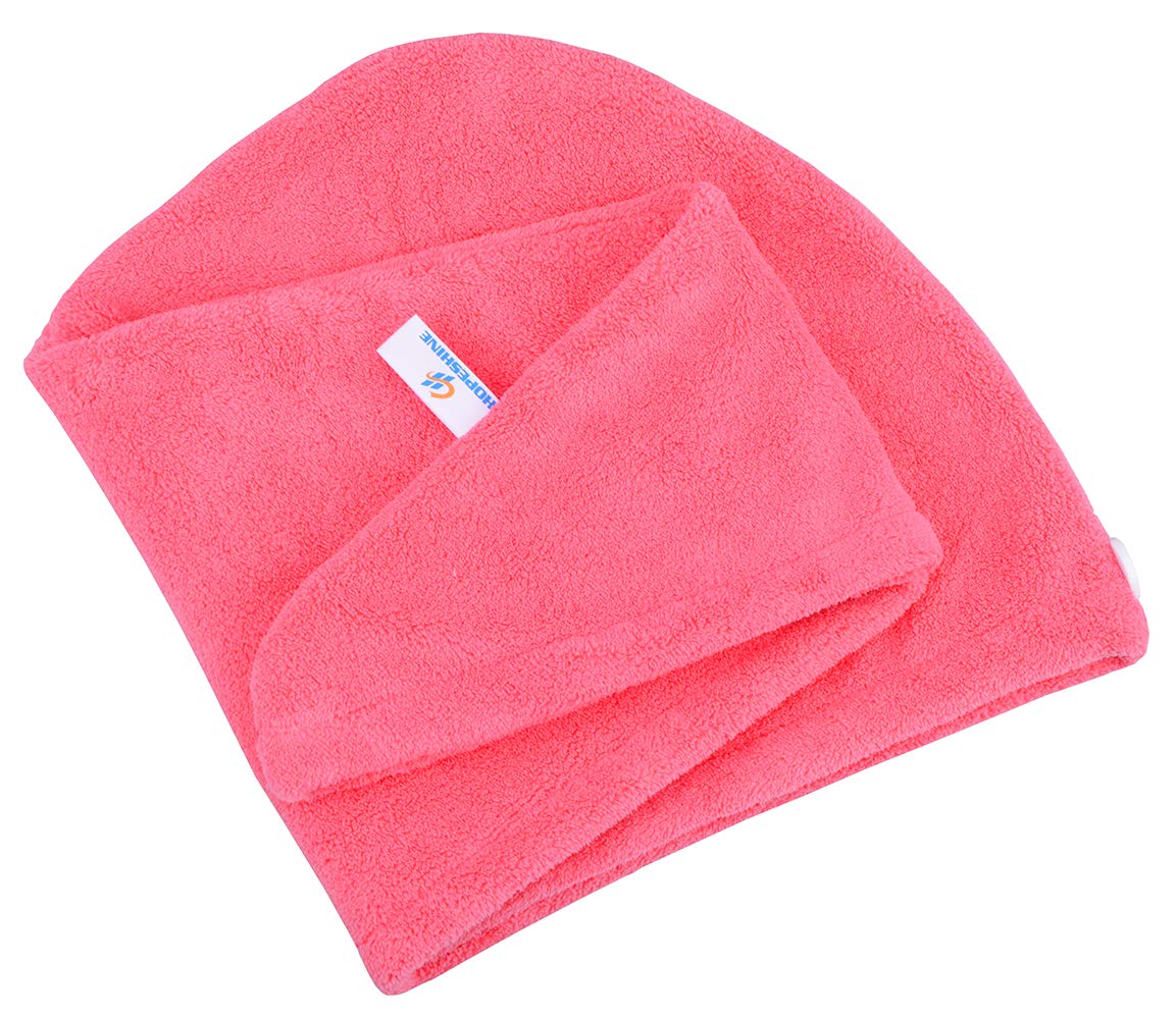 Hopeshine soft microfiber hair drying cap on a model demonstrating a secure fit