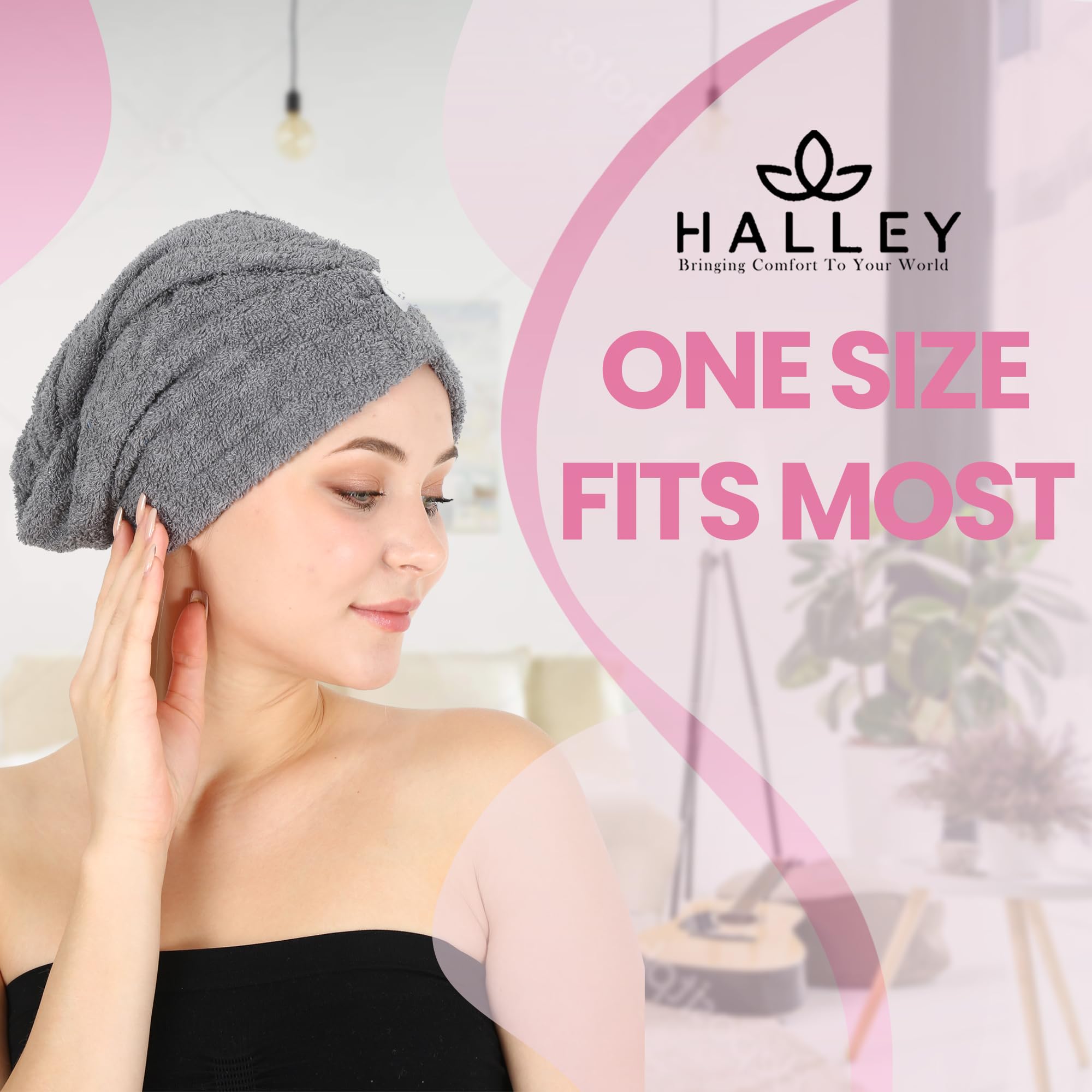 HALLEY quick drying hair turban showcasing the secure button and loop closure system