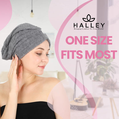 HALLEY quick drying hair turban showcasing the secure button and loop closure system