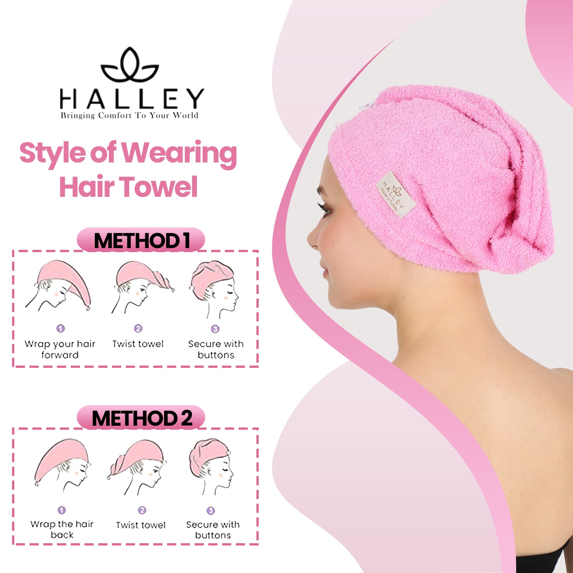 Three pieces of HALLEY anti frizz absorbent hair wraps laid out sequentially