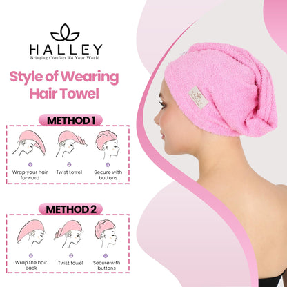Three pieces of HALLEY anti frizz absorbent hair wraps laid out sequentially