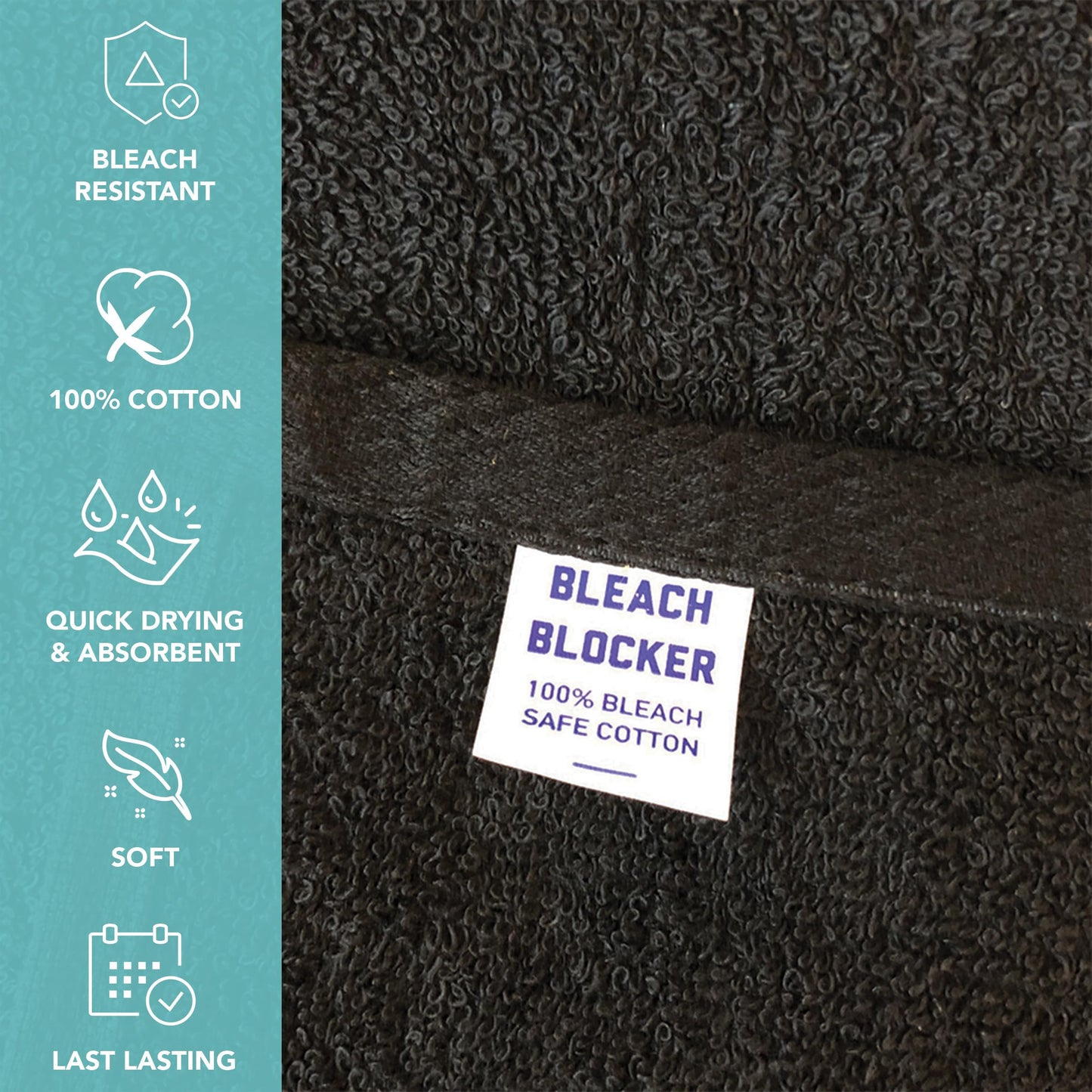Close up look at the ringspun cotton texture of the black Arkwright towel.