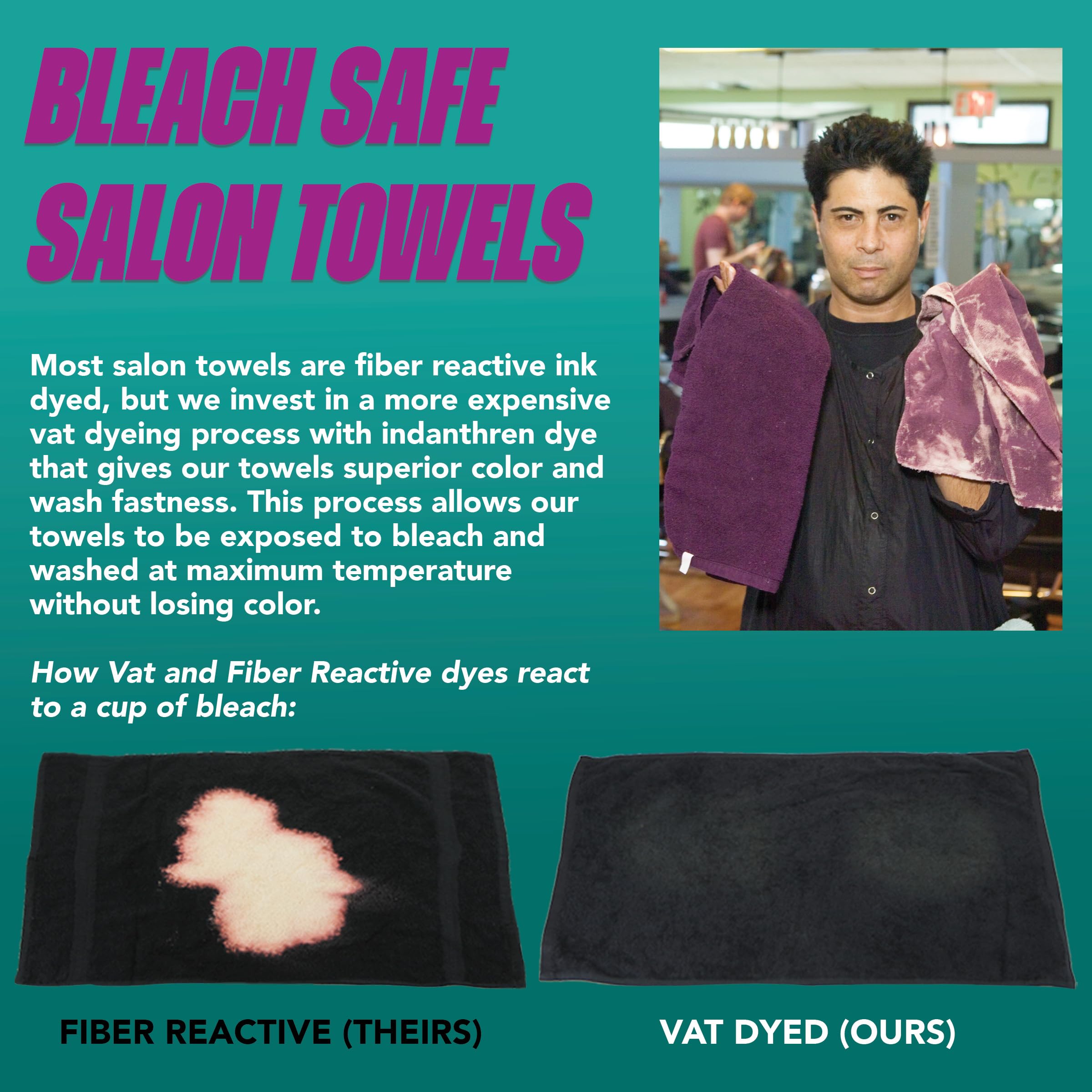 Twelve pack of black chemical resistant spa towels unfolded showing full length.
