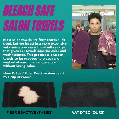 Twelve pack of black chemical resistant spa towels unfolded showing full length.