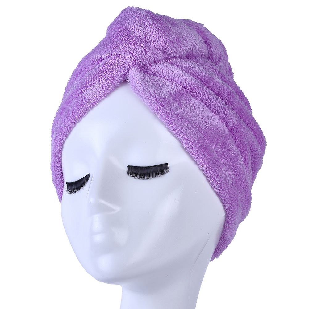 Back view of the purple hair drying cap showing the button closure firmly in place