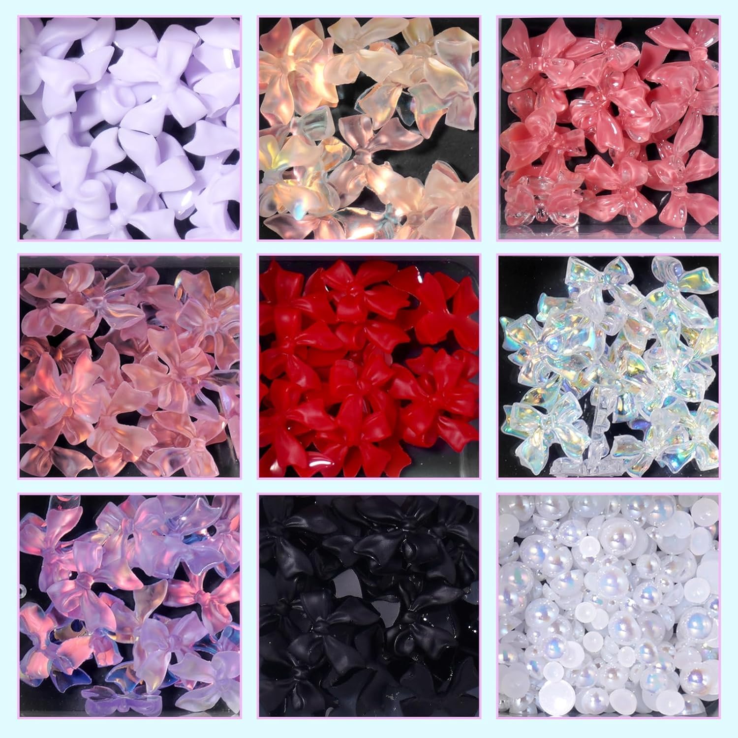 Selection of half pearl and bowknot nail decorations