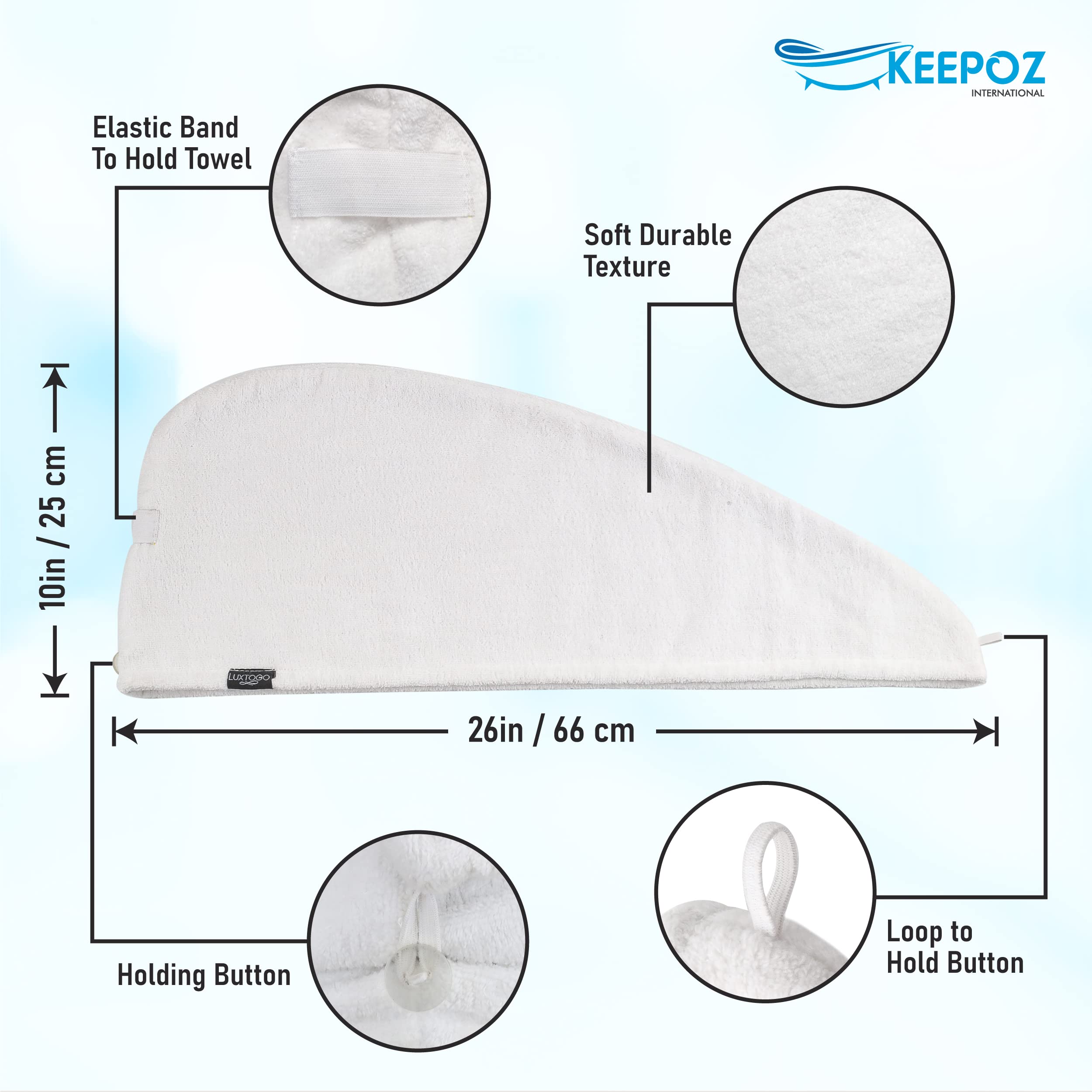 White hair turban wrap showing secure button closure