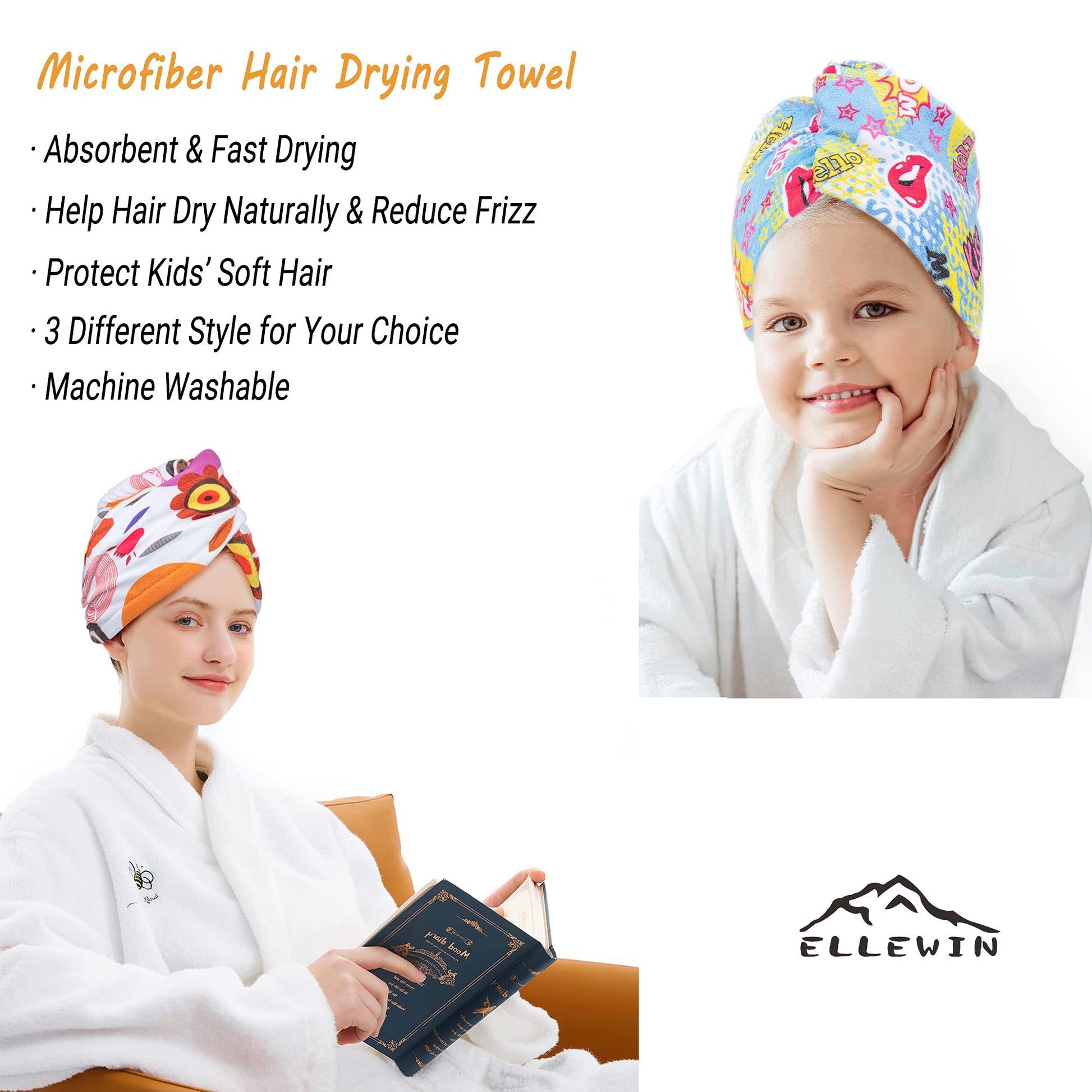 Three pack set of Ellewin hair drying towels for kids
