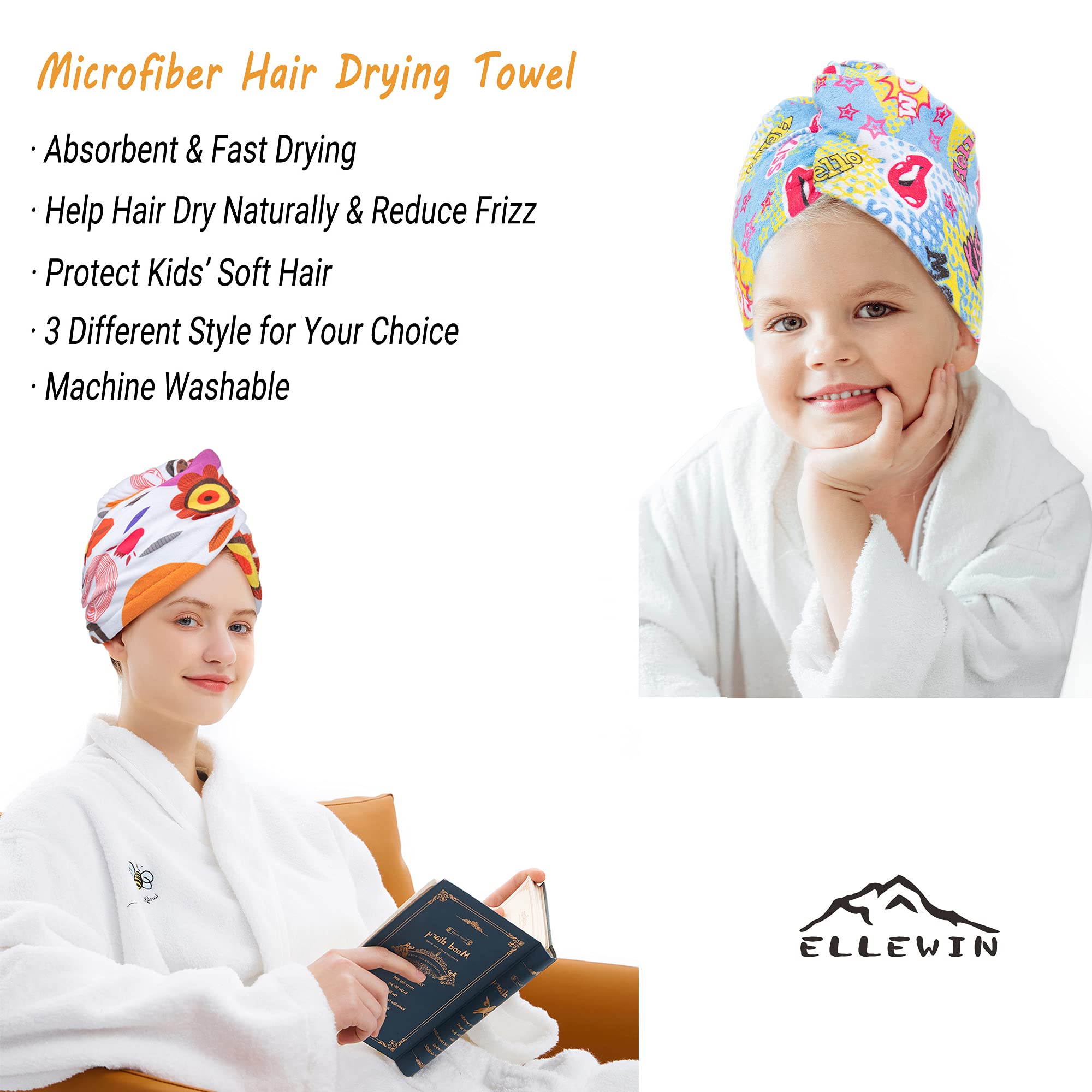 Three pack set of Ellewin hair drying towels for kids