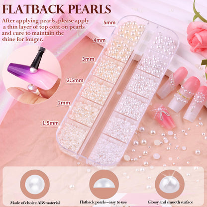 Two boxes of white beige pearls and silver gold nail beads